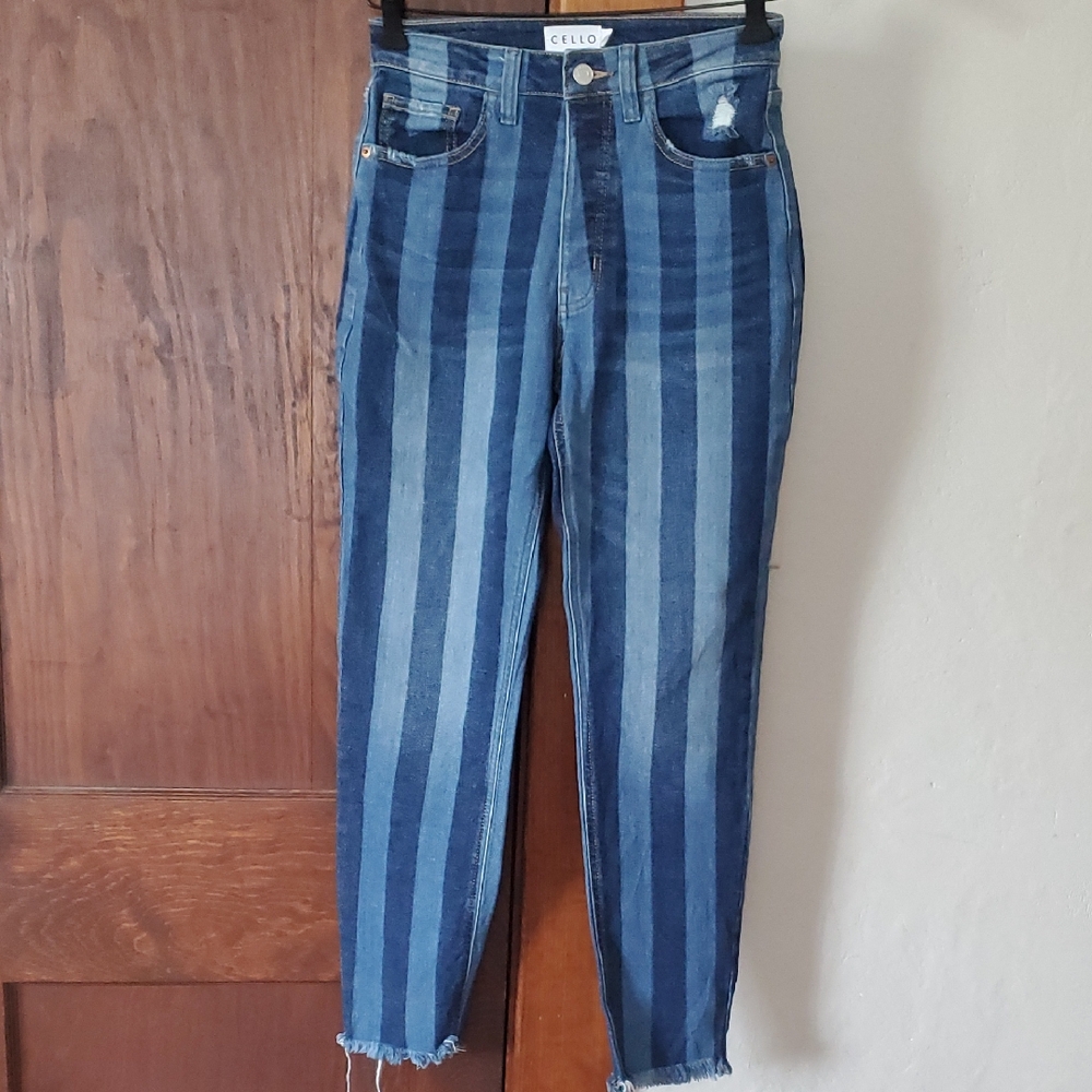 Cello Blue Ankle Cropped Jeans with Vertical Stripes